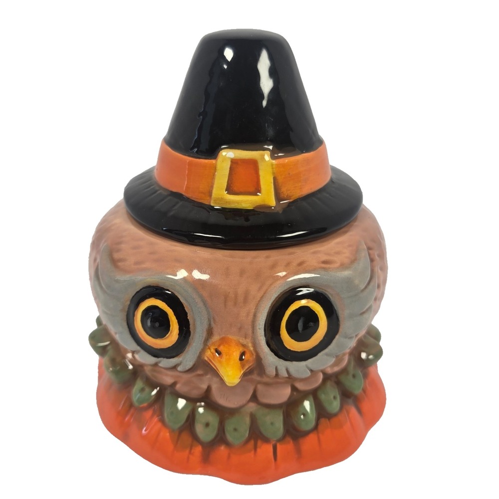 Johanna Parker Transpac Halloween Owl Witch Hat Ceramic Canister Candy Jar 5.5"